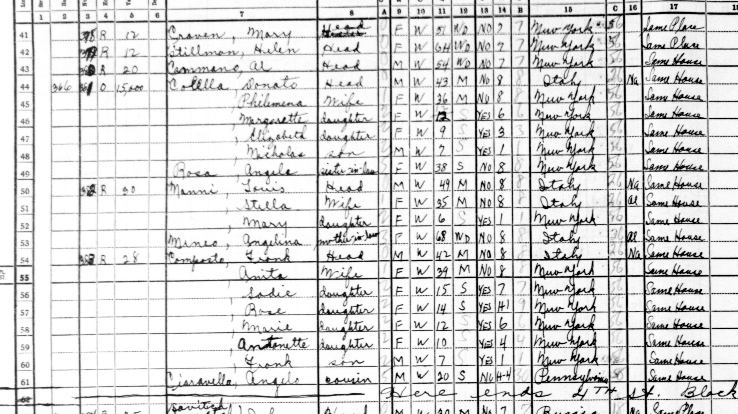 A strip of a handwritten 1940 census sheet. Line 44 carries the house number 366 and the head of household Colella, Donato. Two more households follow.
