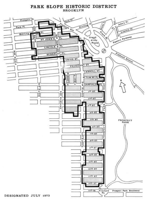 A printed map headed Park Slope Historic District, Brooklyn. A heavy line encloses blocks east of Seventh Avenue, and the map reads DESIGNATED JULY 1973.