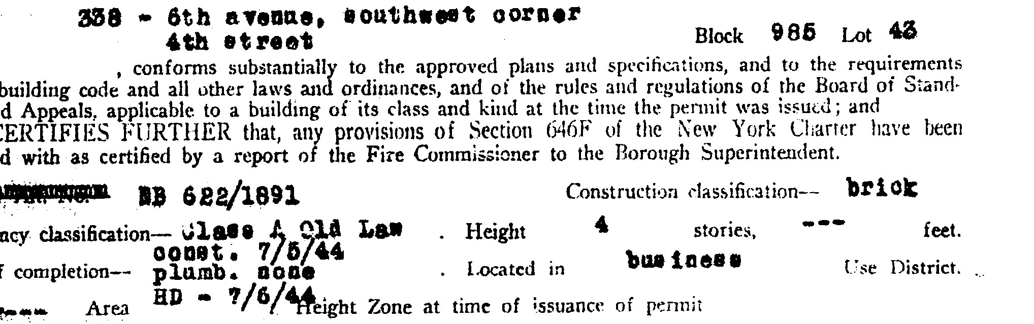 A typed certificate giving the address as 338 6th avenue, southwest corner 4th street, block 985 lot 43. The permit number NB 622/1891 is typed under it.